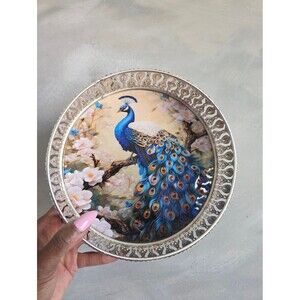 Pichwai Peacock Footed Tray German Silver Round 8 Inch Intricate Sides